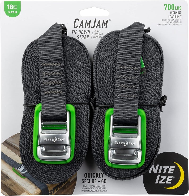 NiteIze CamJam Tie Down Strap - Tie Down Ratchet Straps - Straps for Trucks & Cars - Tie Downs for Luggage & Gear - 18 ft Strap, Green (Pack of 2) - Image 1